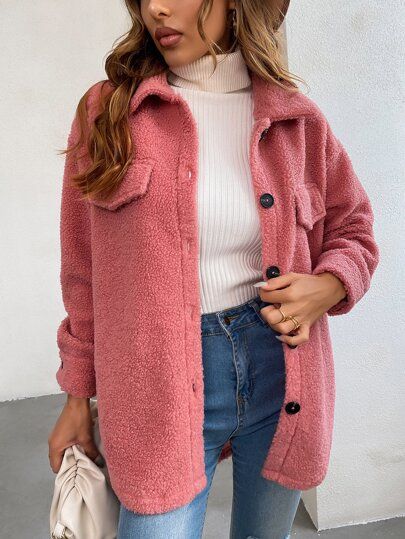 Drop Shoulder Teddy Coat | SHEIN