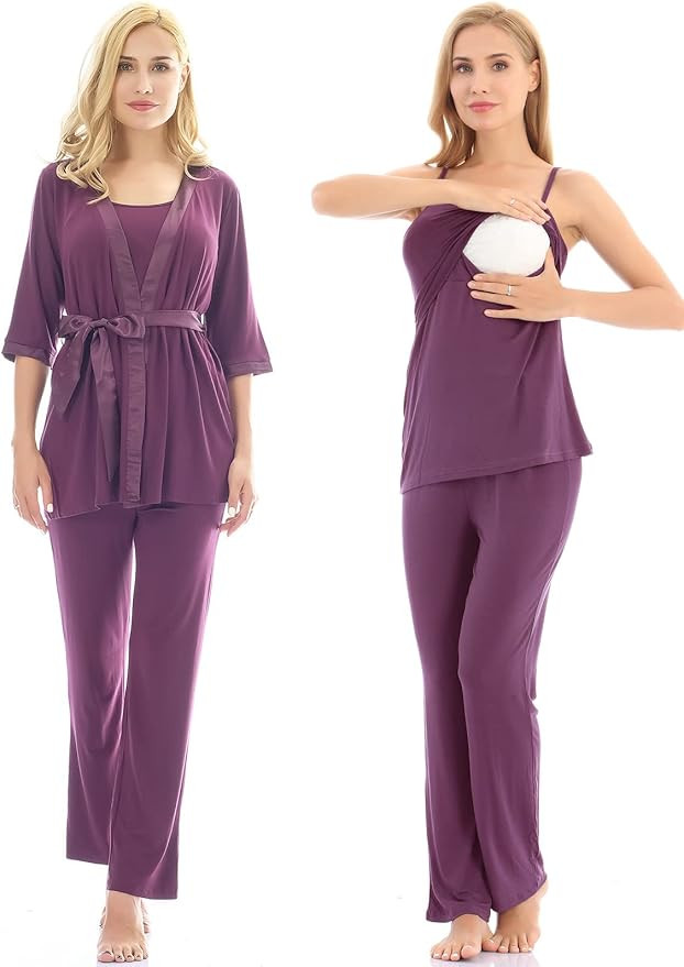 Bearsland Maternity Women's 3 Pieces Soft Nursing Pajamas Set Postpartum Sleepwear for Breastfeed... | Amazon (US)