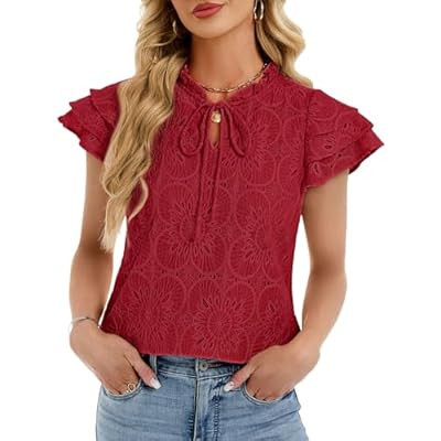 Funlingo Womens Summer Eyelet Tops Dressy Casual Ruffle Cap Sleeve Blouses Hollow Out Croc… | Amazon (US)