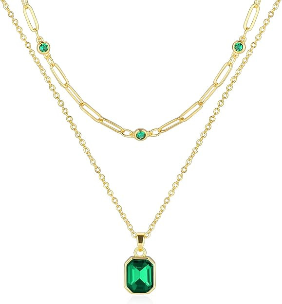 Gold Layered Necklaces for Women, 18k Gold Plated Crystal Necklace Paperclip Choker Emerald Green... | Amazon (US)