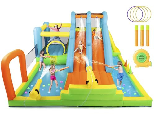 JOYLDIAS Inflatable Water Slide, Giant Water Park Bounce House with 2 Long Slides, Splash Pool,Trampoline, Climbing Wall, Ring Toss Game, 550W Air Blower for Kids Backyard Garden Indoor Outdoor Use | Amazon (US)