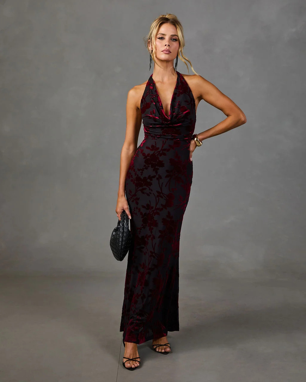 Rita Mesh Flocked Floral Halterneck Maxi Dress Burgundy / XS | VICI