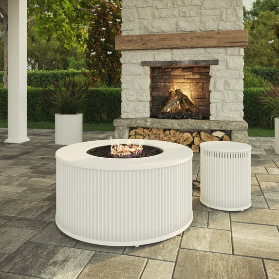 My Texas House 33" Round Fluted Faux Stone Finish Gas Fire Pit with Separate Tank Cover, White | Walmart (US)
