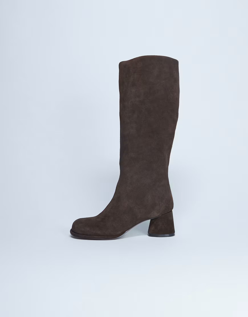 Topshop Thea real suede knee high block heel boots in chocolate-Brown | ASOS (Global)