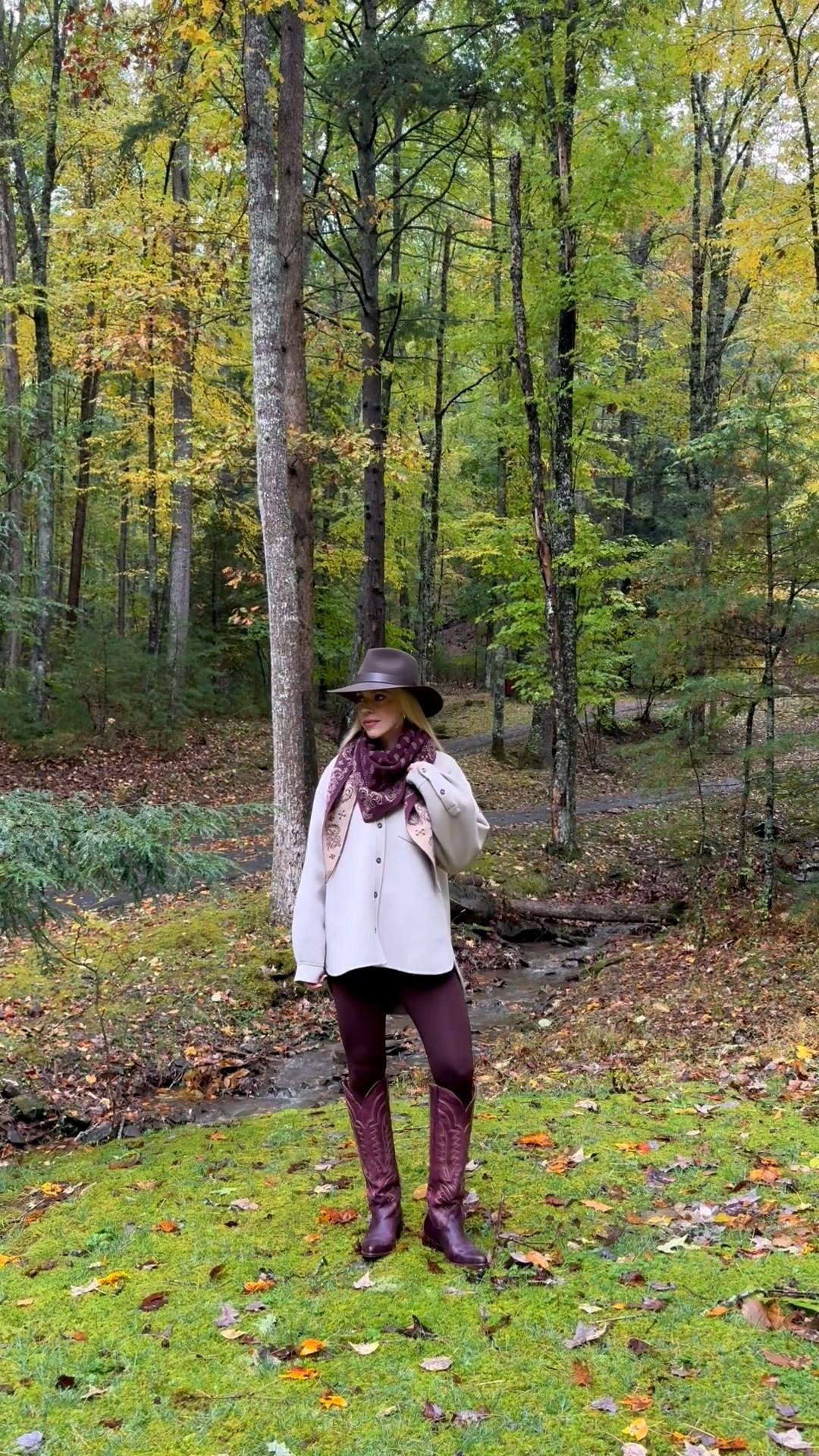 Fall mountain getaway, cozy fall look, @Guest In Residence bandana print scarf, @Janessa Leone wool hat, burgundy leggings, burgundy @Tecovas cowboy boots
