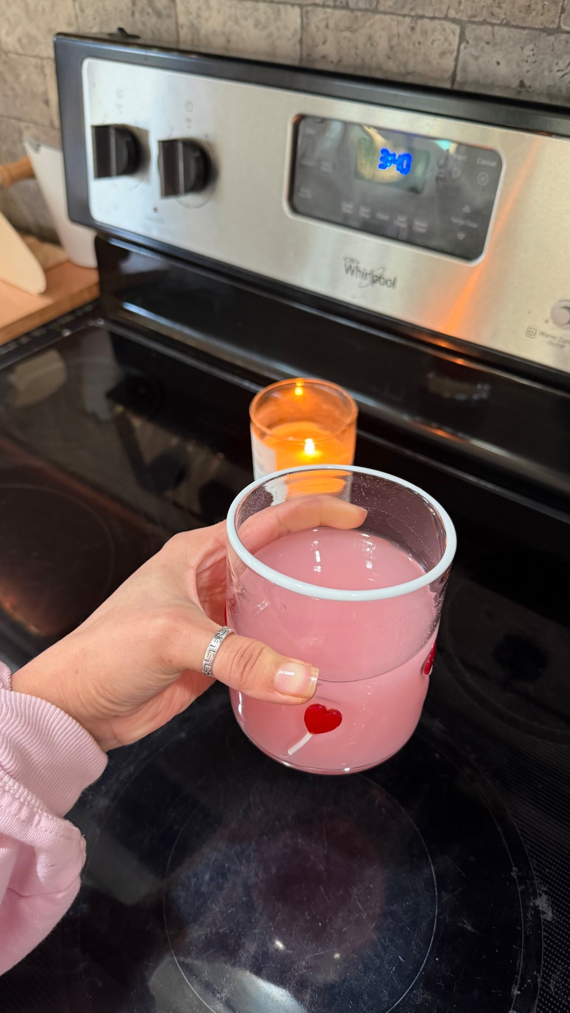 Cute little heart shape lollipop valentines glass cup, makes drinking vitamins and electrolytes easy. I have a thing for cute cups. 