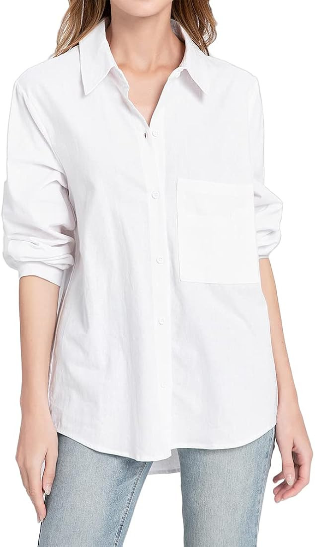 Women's Long Sleeve Shirts Button Down Blouse Cotton Tunic High Low Tops | Amazon (US)