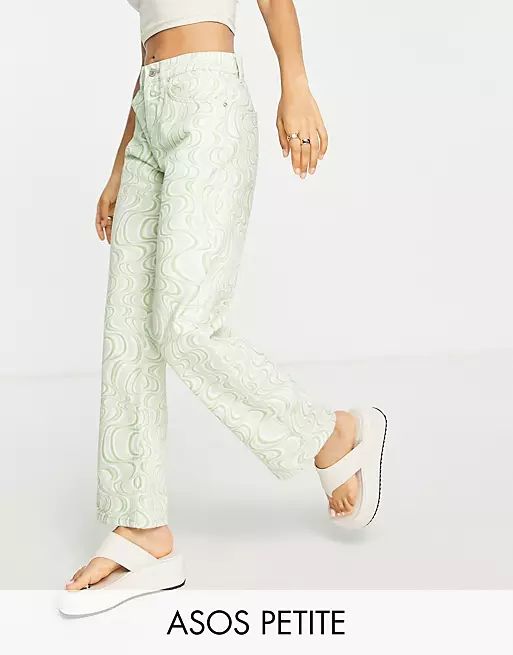 ASOS DESIGN Petite mid rise '90s' straight leg jean in green swirl print | ASOS (Global)