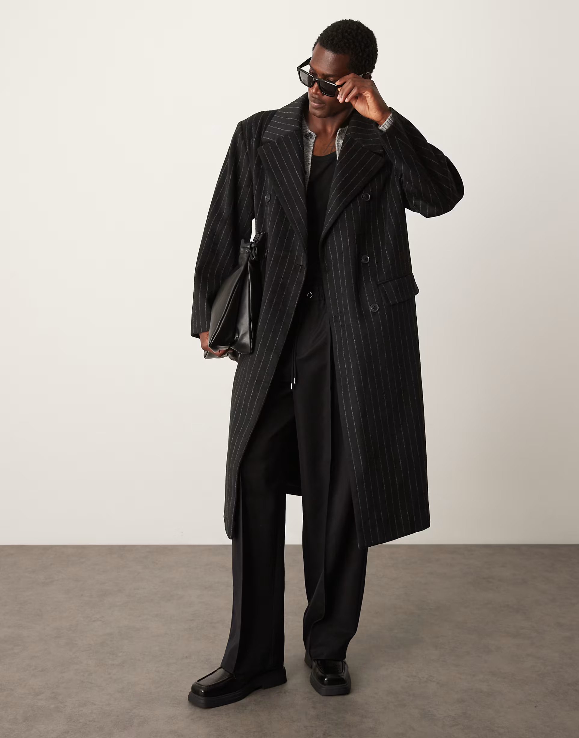 ASOS DESIGN oversized longline wool look pinstripe coat in black | ASOS (Global)