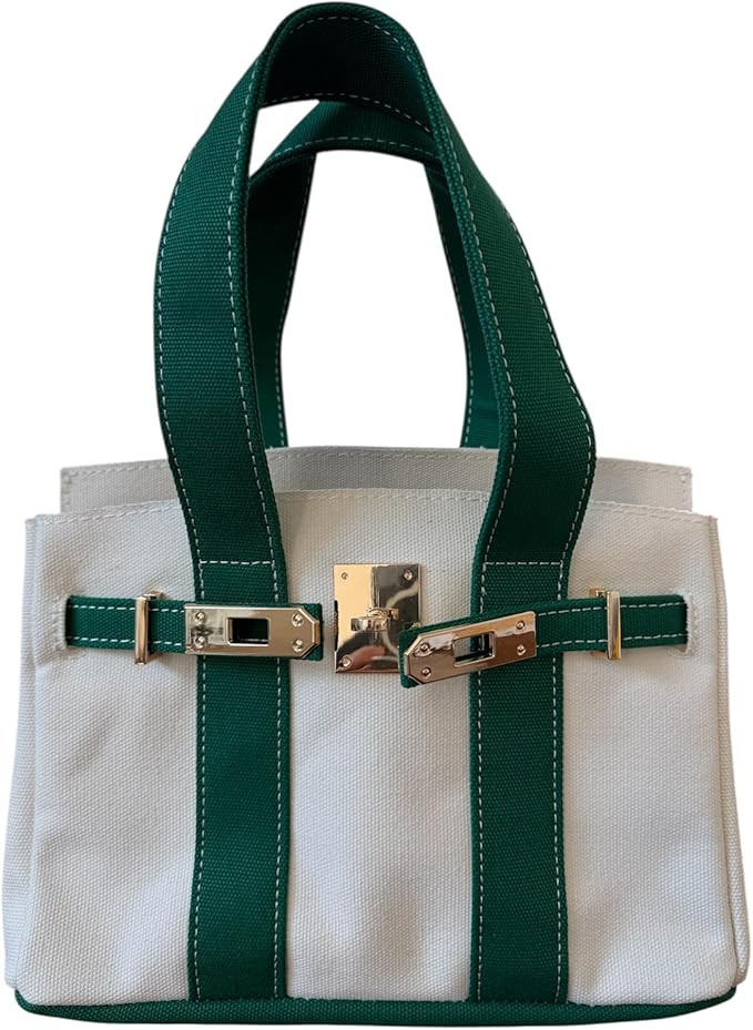 Canvas Mini Tote Bag, 8 Pockets, Distressed Finish, Durable, Gold Hardware (Green/Cream) | Amazon (US)