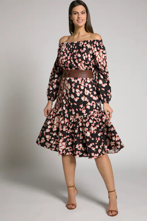 Animal Print Off The Shoulder Carmen Style Ruffle Hem Dress | More Dresses | Dresses | Ulla Popken - US & CA