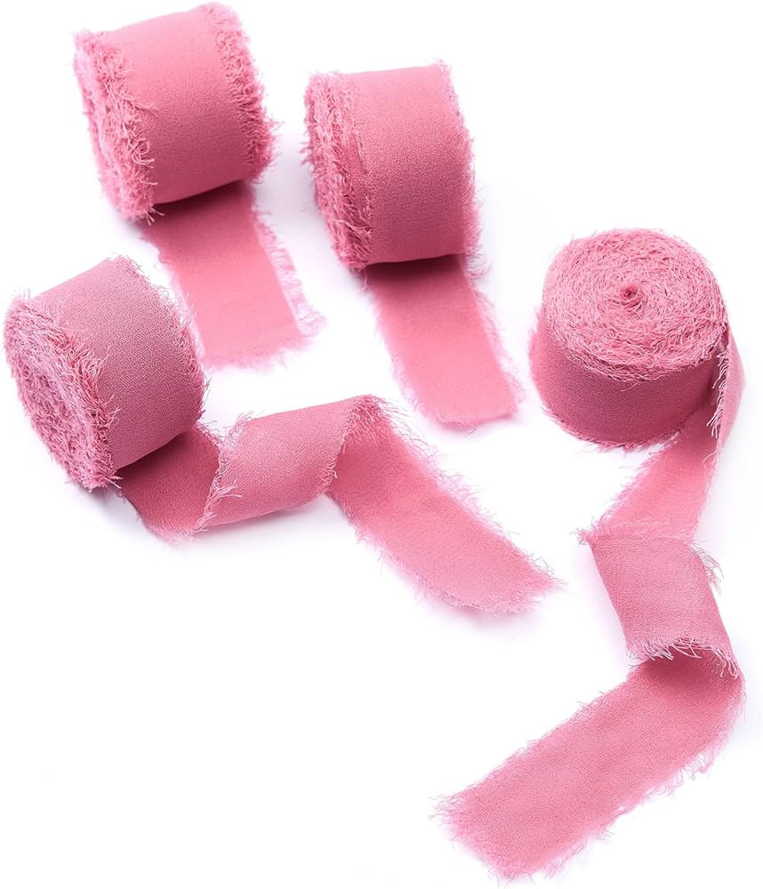 4 Rolls Rose Red Handmade Fringe Chiffon Silk Ribbon 1" W x 5Yd Per Roll,Frayed Edges Ribbon Set ... | Amazon (US)