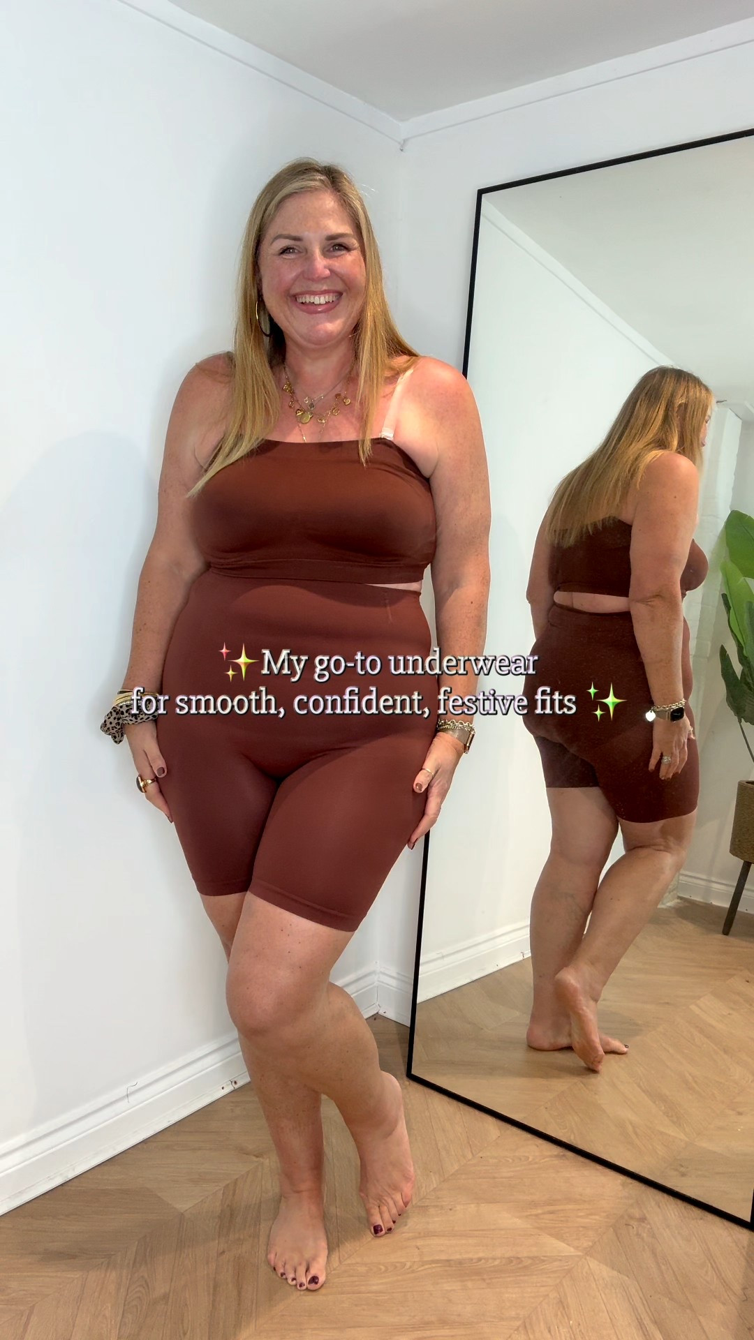 Shaper shorts, shaper bra, satin harem trousers, satin camisole, faux fur coat 

#LTKplussize #LTKpartywear #LTKfestive