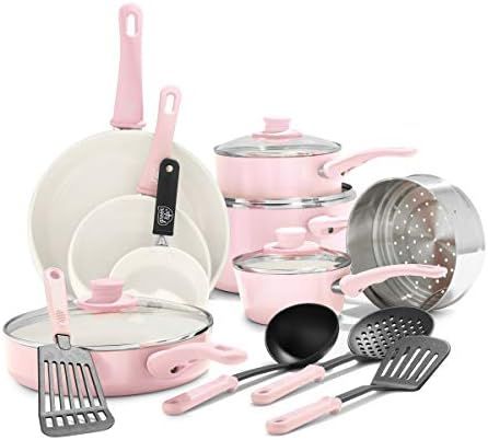 GreenLife Soft Grip Healthy Ceramic Nonstick, Cookware Pots and Pans Set, 16 Piece, Pink | Amazon (US)