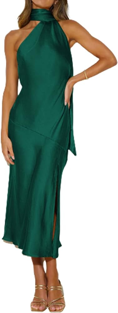 Sexyshine Women's Elegant Halter Tie Neck Sleeveless Satin Long Dress Backless Split Cocktail Par... | Amazon (US)