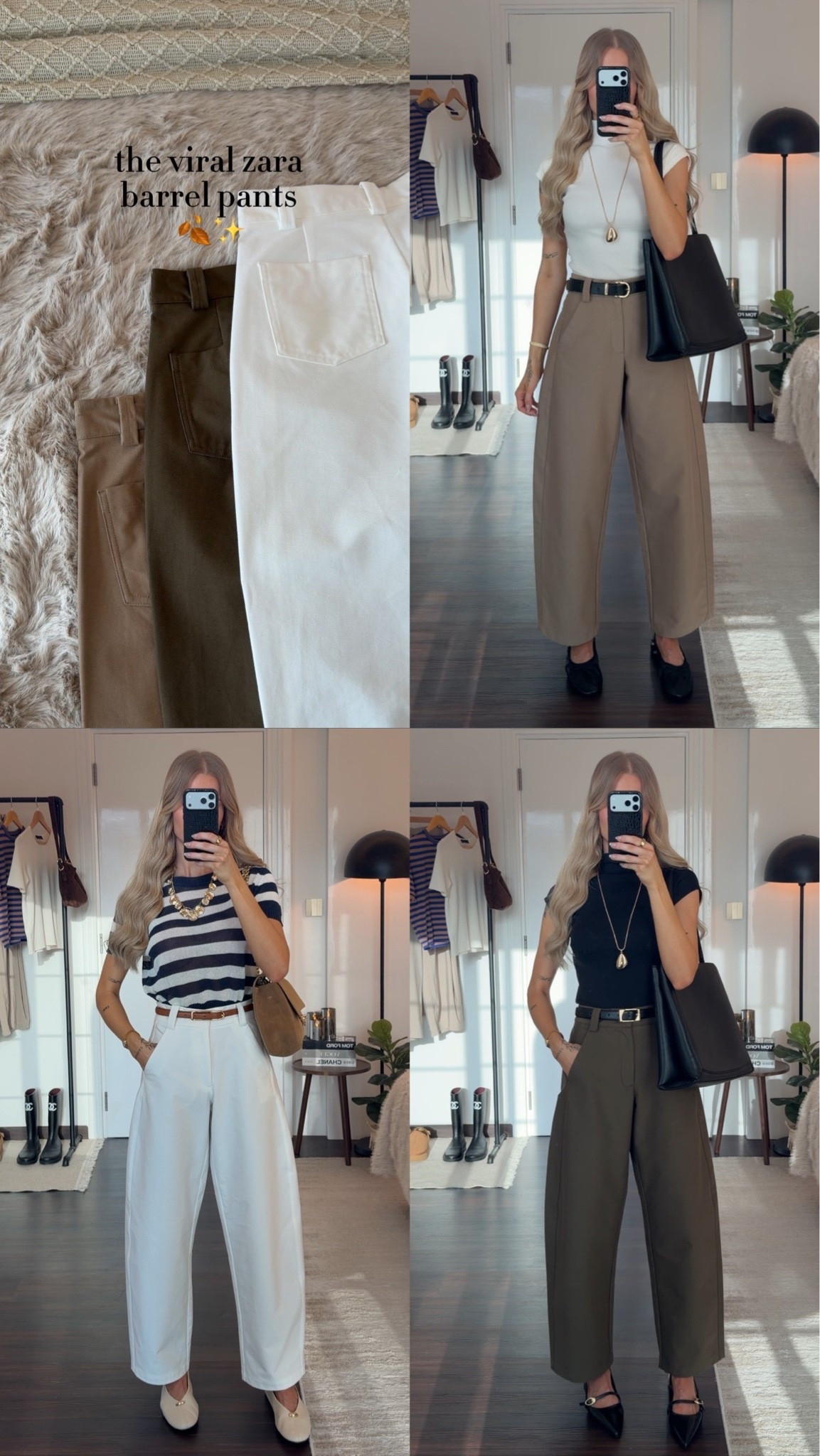 the viral zara barrel pants🍂✨these are the perfect pants for autumn - they have such a nice shape, they are comfortable and have the perfect length to wear all the cute autumn flats with them👏🏻
Wearing size XS in all the pants - I’m 1,70m tall for reference