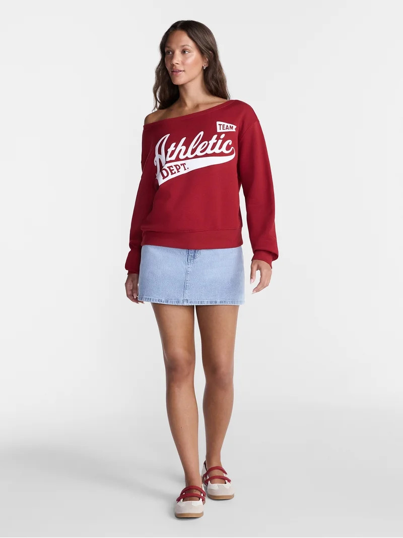 No Boundaries Off Shoulder Sweatshirt with Long Sleeves, Women\u2019s Sizes XXS-4X | Walmart (US)