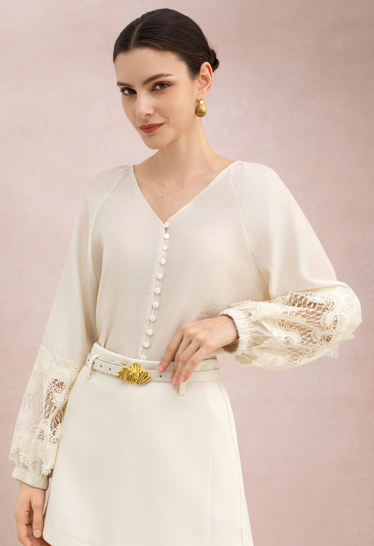 Guipure Lace Puff Sleeve Buttoned Top in Cream for Office Casual & Weekend Errands | Chicwish
