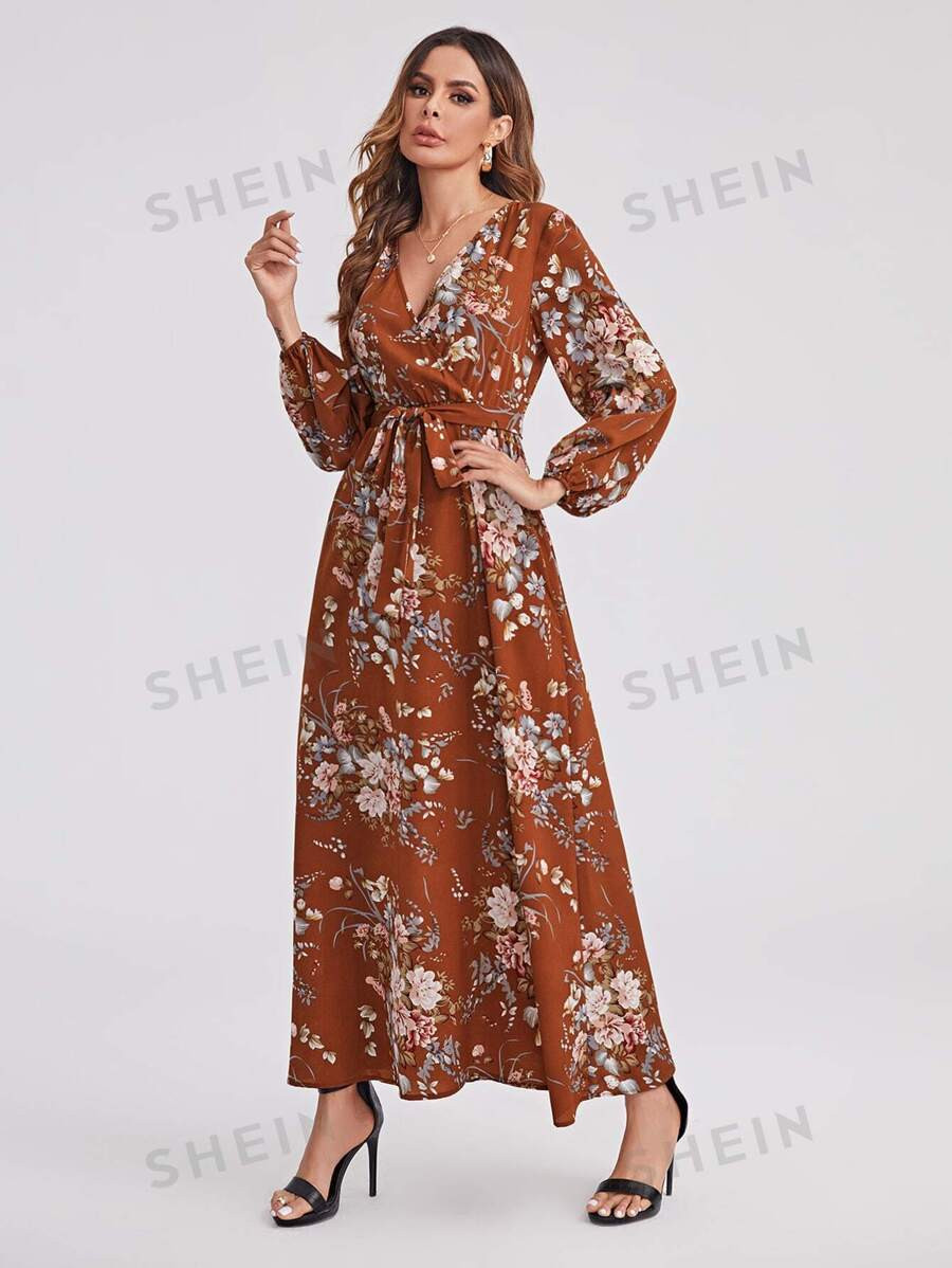 SHEIN Clasi Surplice Neck Self Belted Botanical Print Dress | SHEIN