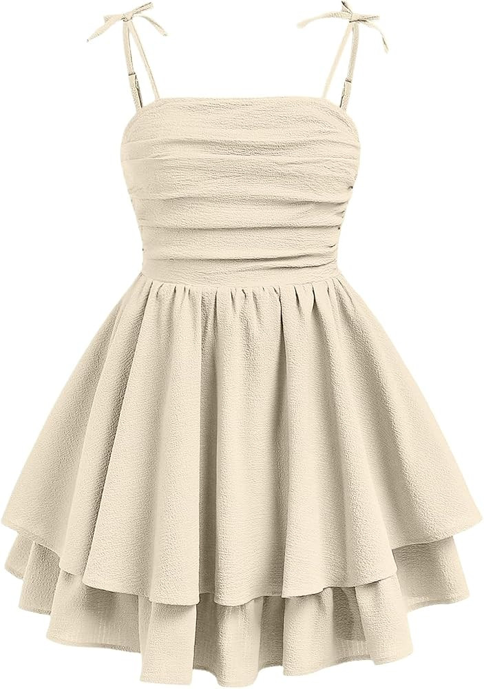 SHENHE Girl's Smocked Ruched A Line Swing Dress Layered Tie Shoulder Flowy Cami Short Dress | Amazon (US)