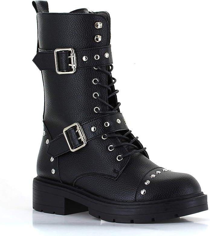 Women's Studded Buckle Strap Combat Boots Vegan Leather High Boots Lugged-Sole | Amazon (US)