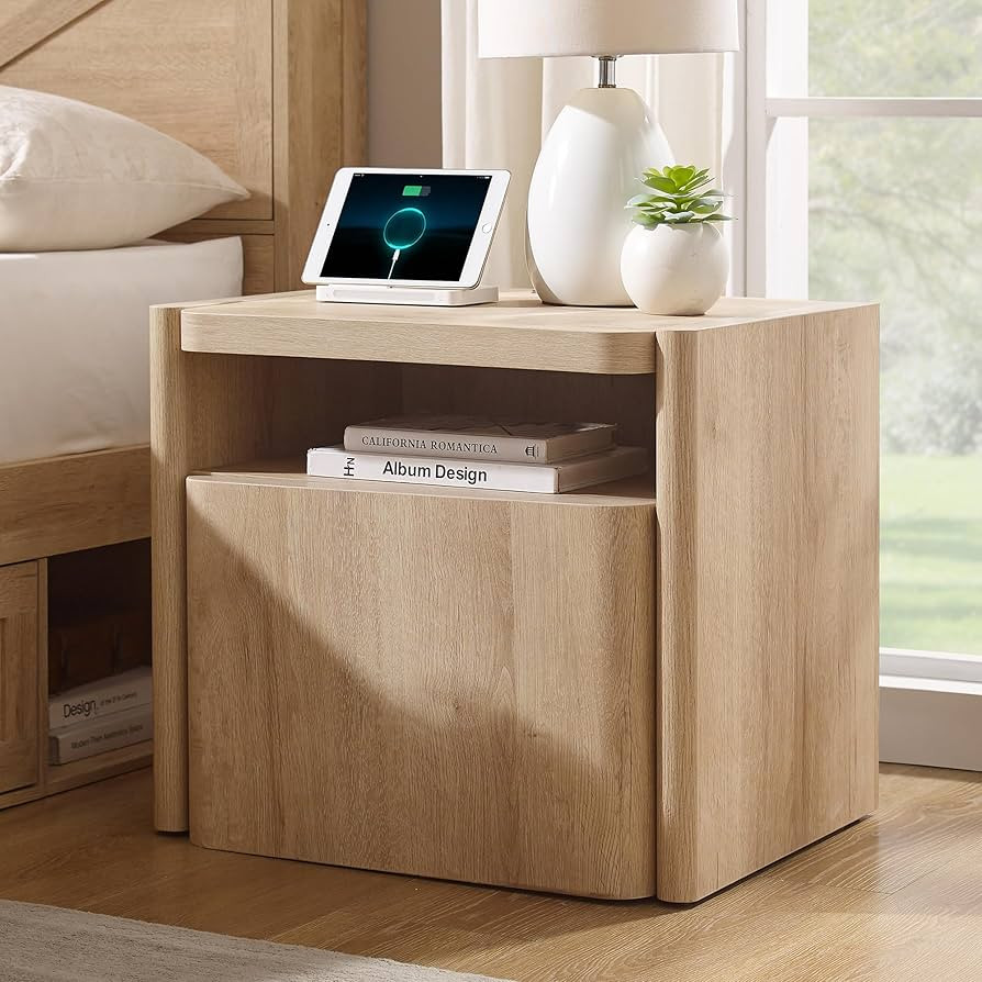 JXQTLINGMU 23'' Modern Nightstand with Charging Station, Large End Table with Storage Cabinet, Si... | Amazon (US)