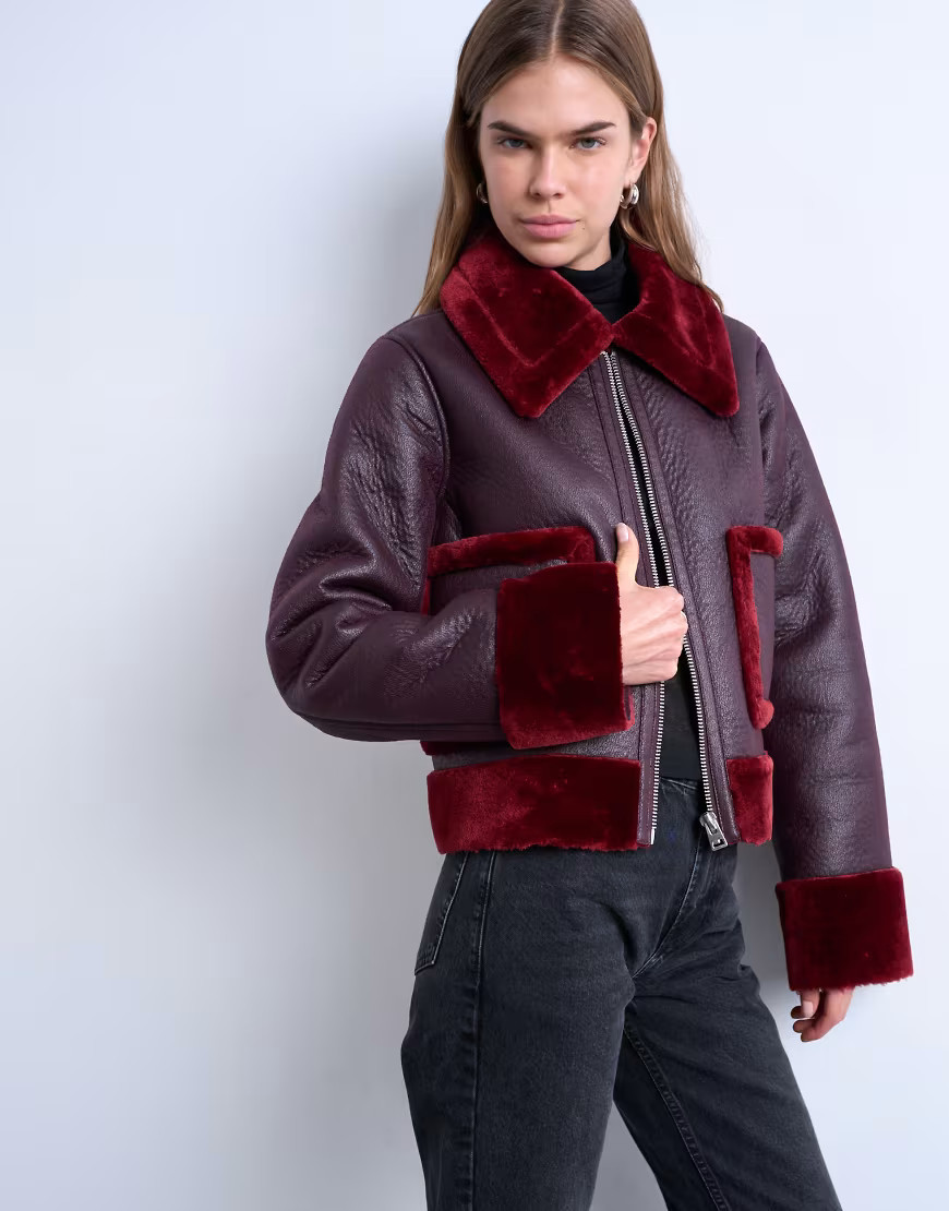 Topshop faux leather cropped jacket with red teddy contrast-Purple | ASOS (Global)