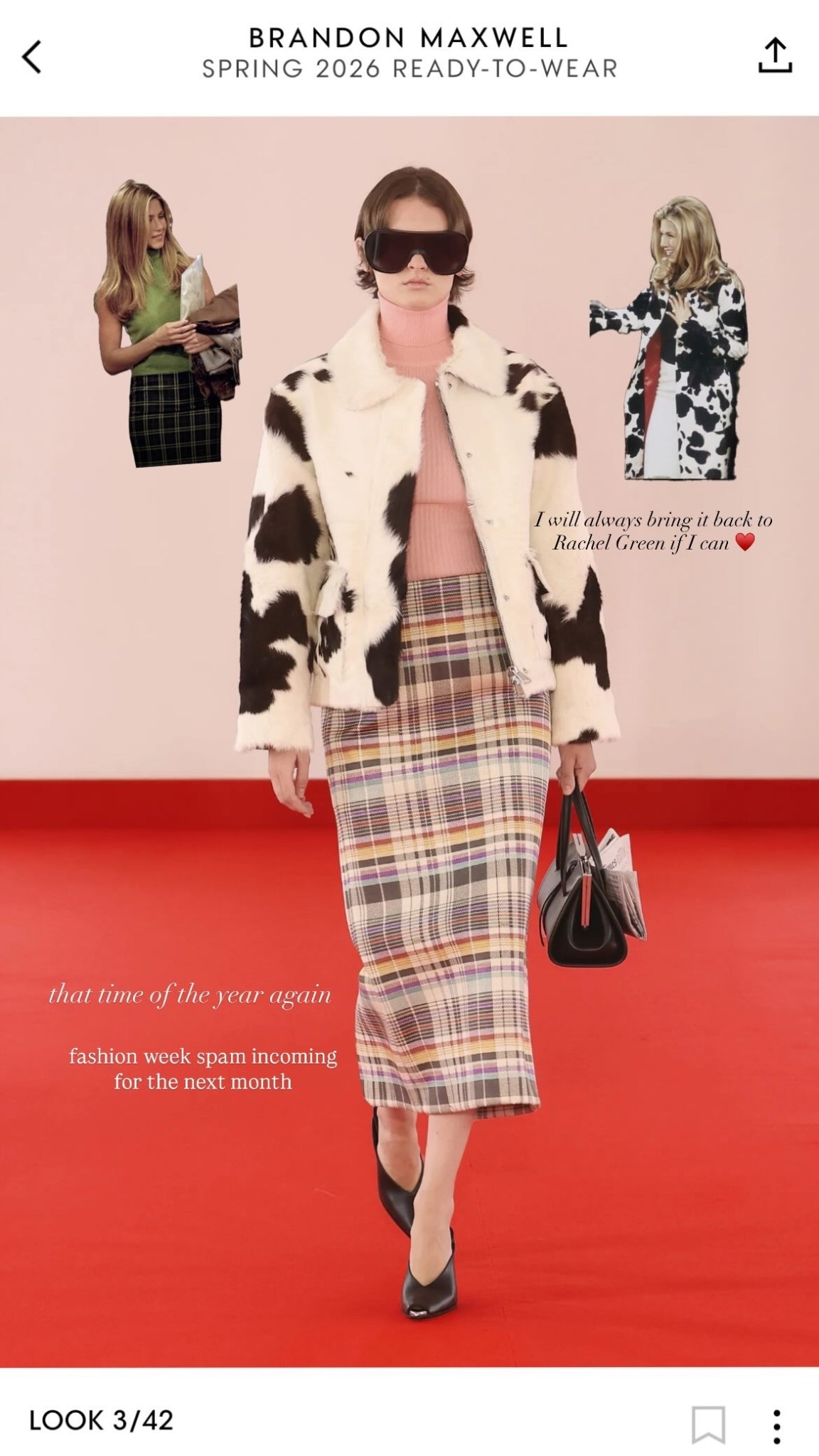 that time of the year again — fashion week spam incoming for the next month 👠 I will always bring it back to Rachel Green if I can ♥️ never forget this cow print coat and plaid skirt (Brandon Maxwell clearly a fan!) 

#LTKStyleTip #LTKSeasonal #LTKNYFW