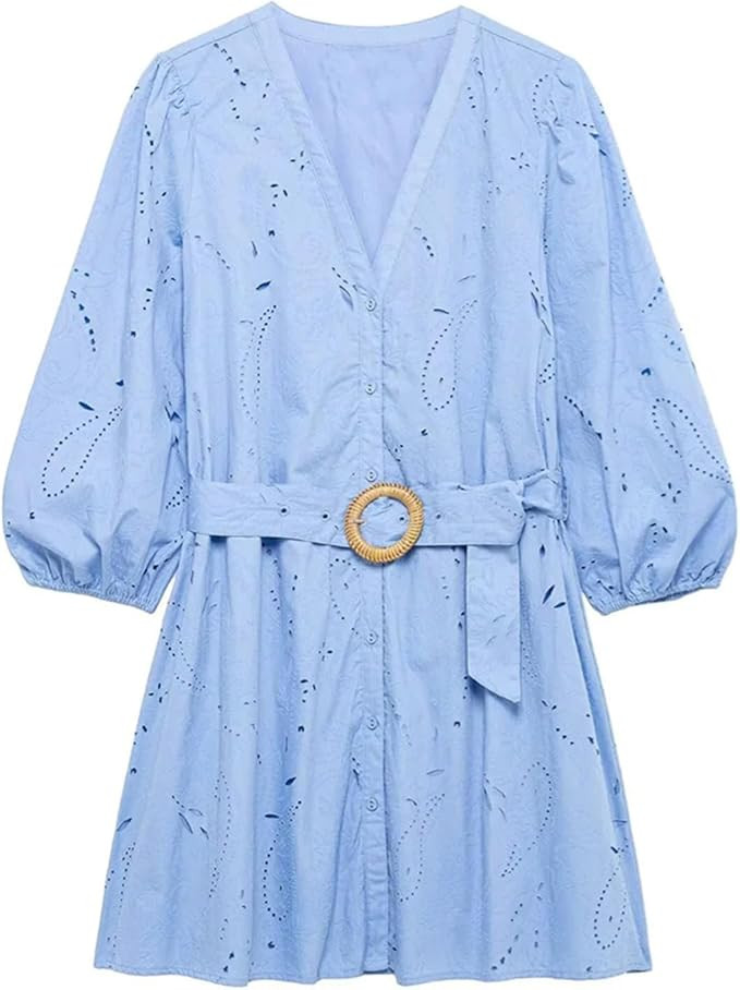 Women's Embroidered Short Dress V-Neck Button Belt Decoration Dress | Amazon (US)