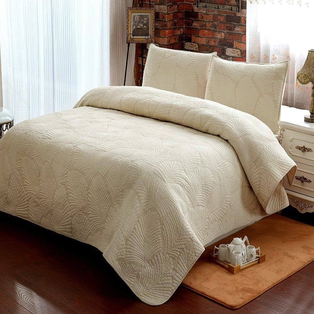 Brandream King Size Quilt Set Beige Palm Embroidery Quilted Comforter Set 100% Cotton Lightweight... | Amazon (US)