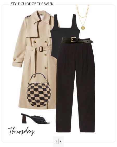 Style Guide of the Week | outfit ideas, Spring outfits, Summer outfits, transitional outfits, trench coat, silk pant, straw bucket bag, heeled sandals. See all details on thesarahstories.com ✨

#LTKFind #LTKstyletip