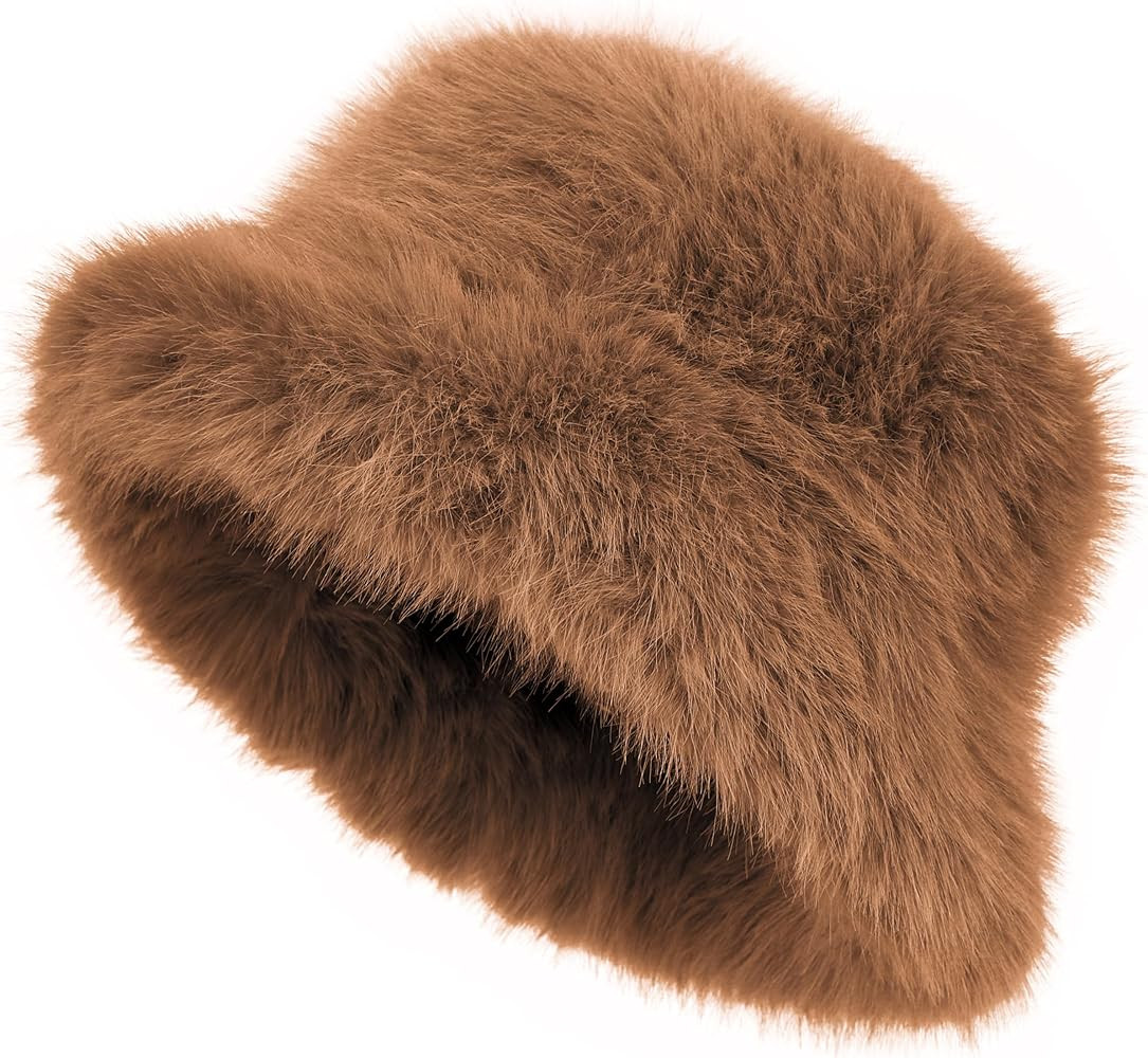 LA CARRIE Women's Fuzzy Wide Brim Faux Fur Bucket Hat Winter Warmer Fisherman Cap | Amazon (US)