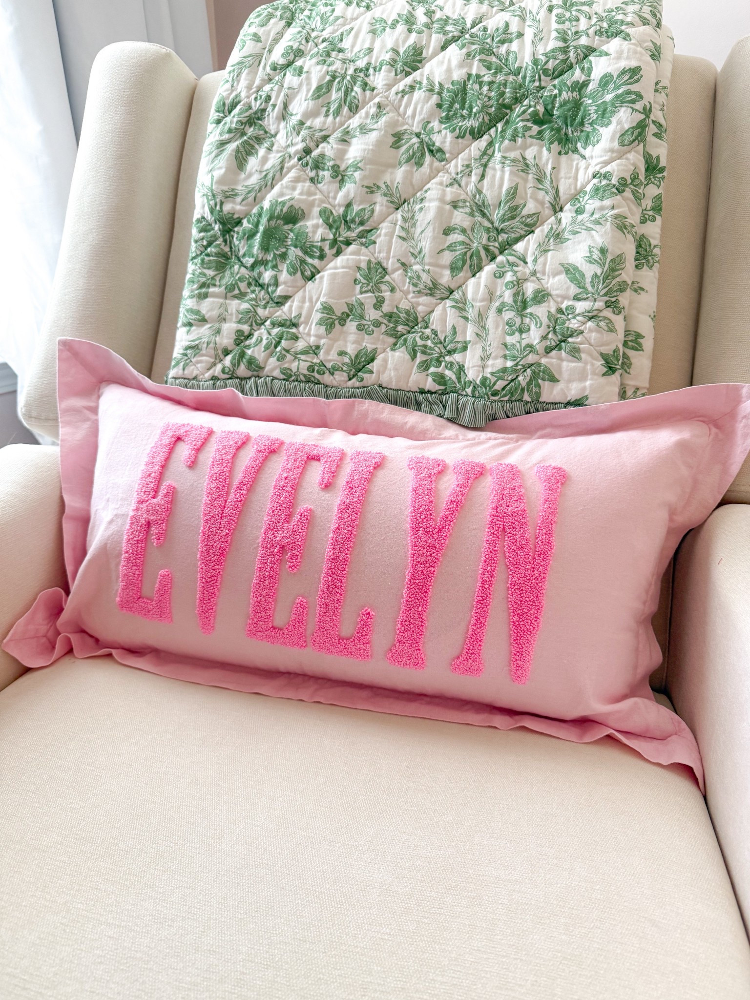 Custom lunch needle embroidered pillow for baby girls nursery! 

Pink nursery decor. Grandmilliennial nursery  

#LTKHome #LTKBaby