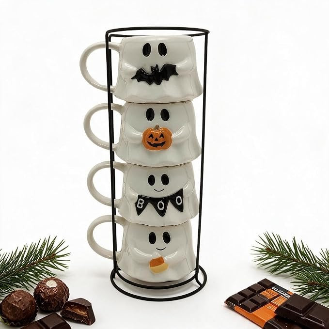 Halloween Ghost Mug Set, 4 Stackable Stoneware Cups with Metal Rack | Amazon (US)