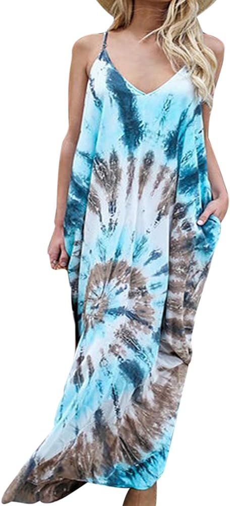 Women's V Neck Print Spaghetti Strap Boho Long Maxi Summer Beach Dress Sundress with Pockets | Amazon (US)