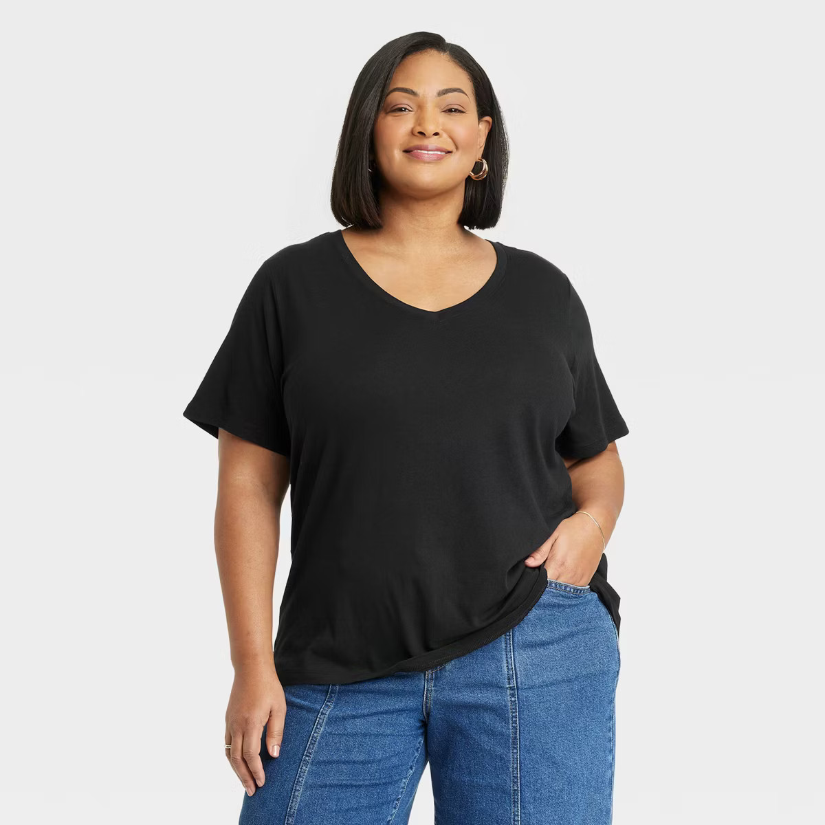 Women's Short Sleeve V-Neck T-Shirt - Ava & Viv™ Black 1X | Target