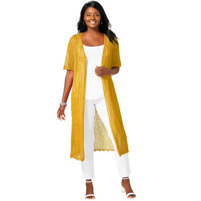 Jessica London Scalloped Crochet Sweater Duster - 12, Sunset Yellow | Target