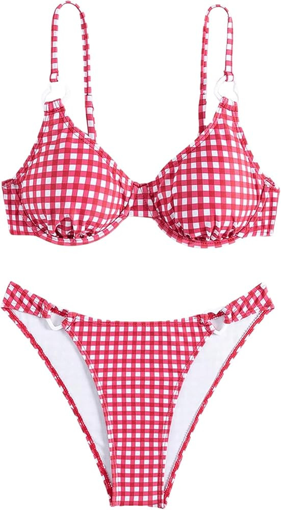 Floerns Women's 2 Piece Plaid Print String Underwire Triangle Swimsuit Bikini Sets | Amazon (US)