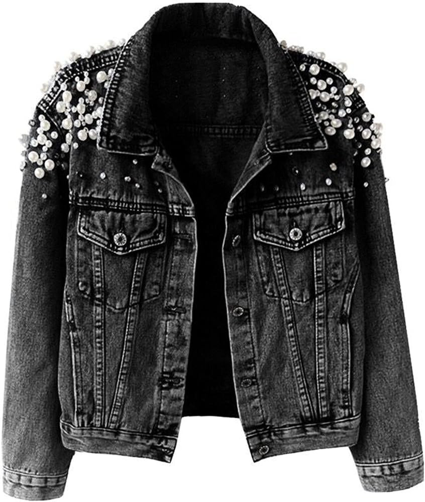Ainangua Women's Pearls Beading Denim Jackets Loose Embroidered Short Jean Coat Outerwear | Amazon (US)
