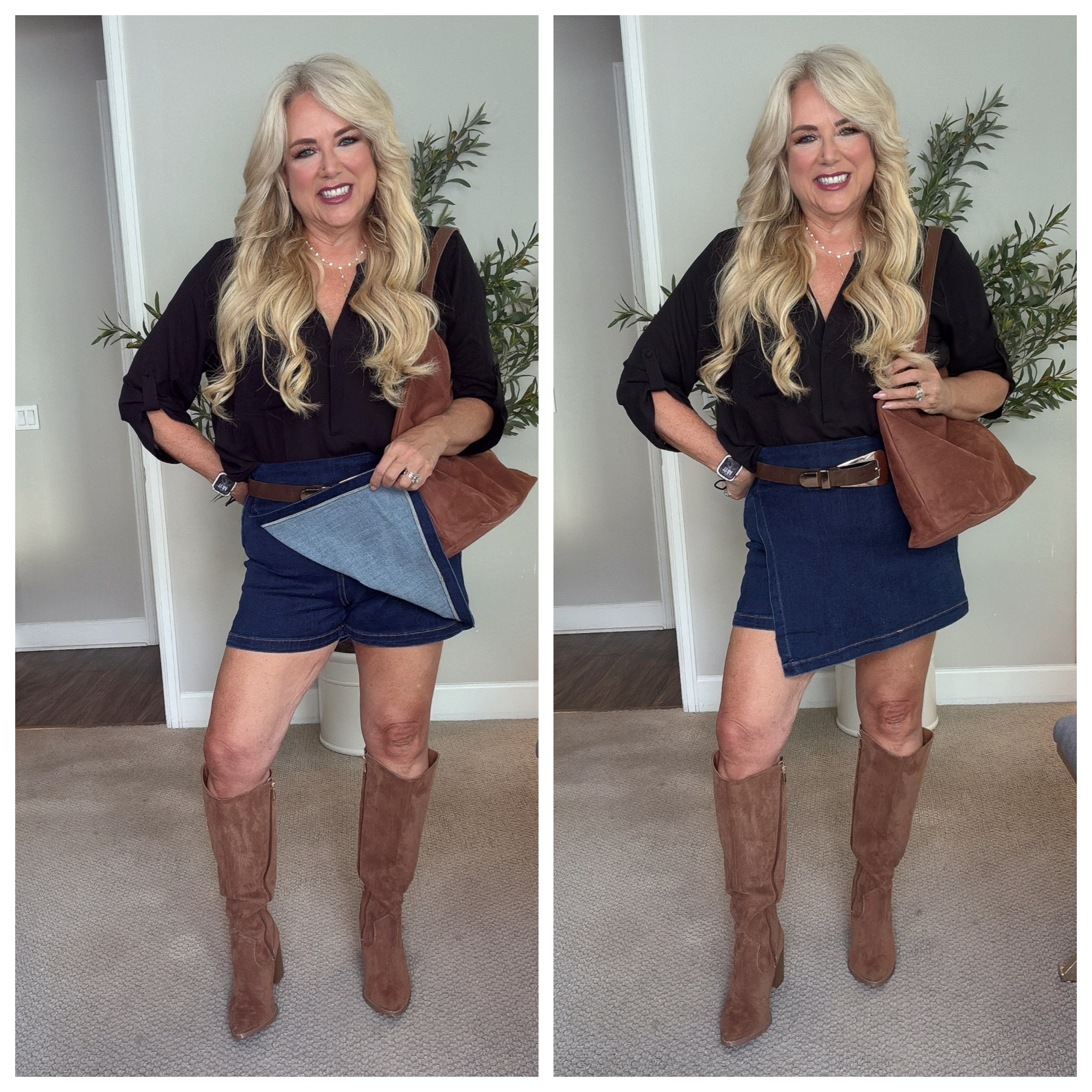 💙 Obsessed with this dark denim skort! (L) It’s super cute, versatile, and goes with everything. Paired with these brown boots — stylish, comfy, and perfect for fall looks! 🍂✨

#DenimSkort #BrownBoots #FallFashion #OOTDInspo #ComfyAndChic #TikTokFashion #WardrobeStaple #StyleMadeEasy #AmazonFinds #ShopMyLook 

 #LTKOver40 #LTKMidsize #LTKFindsUnder50