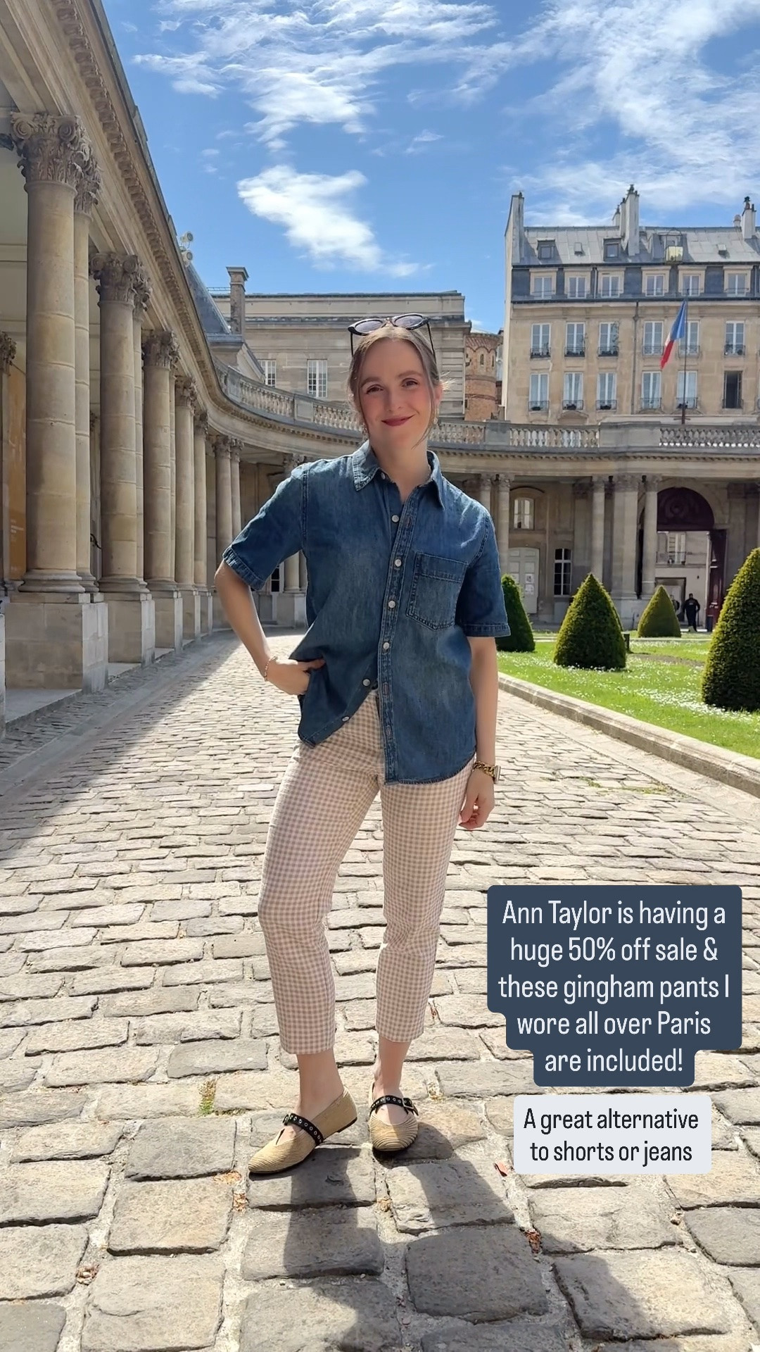 Ann Taylor 50% off 
Gingham pants 0 petite 
Denim shirt xxs 
10k step tested flats size 7

#LTKootd #LTKSaleAlert #LTKPetite