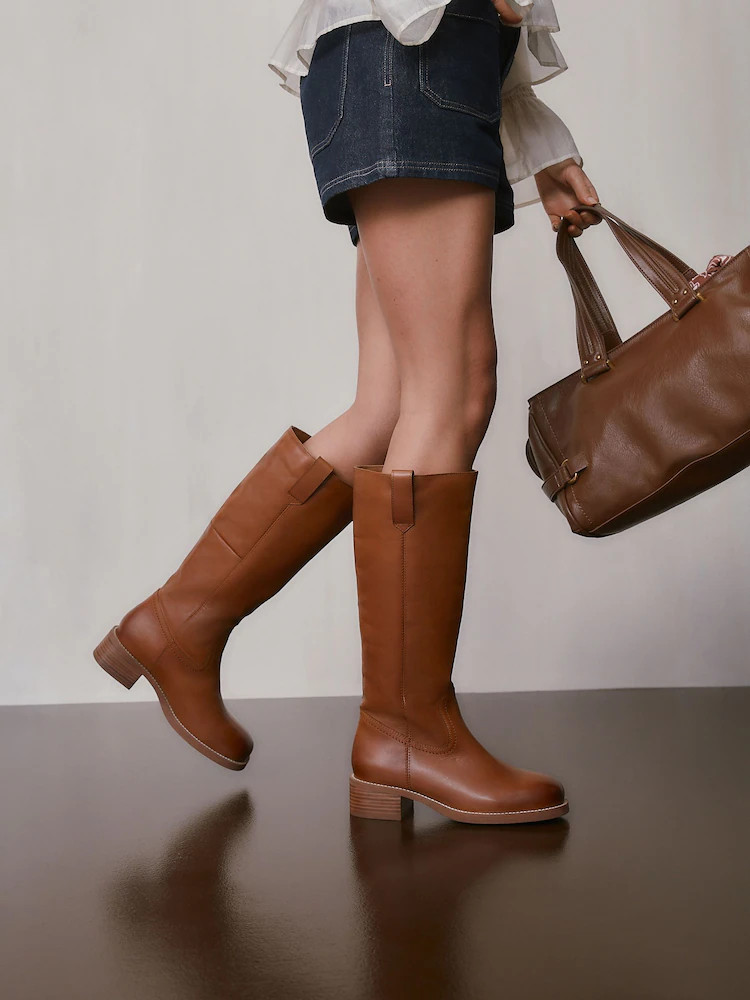 Tan Brown Leather Forever Comfort® Knee High Pull On Boots | Next US