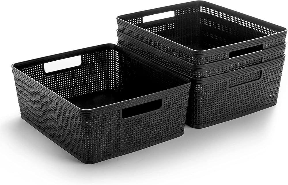 BINO | Woven Plastic Basket | Medium (Black), 4-Pack | THE JUTE COLLECTION | Home Organization, S... | Amazon (US)