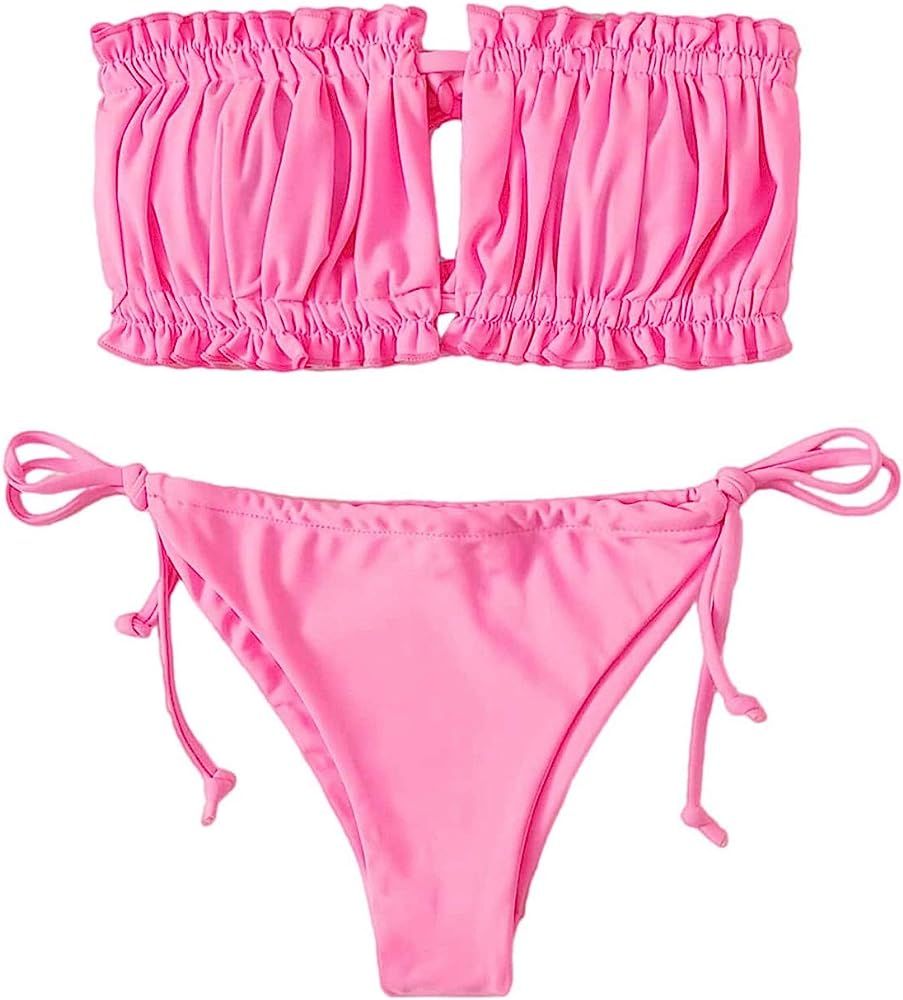 Mavene Women’s Ruffled Bandeau Strapless a tie Side Bottom Bikini Set Bathing Suit Swimnwear | Amazon (US)