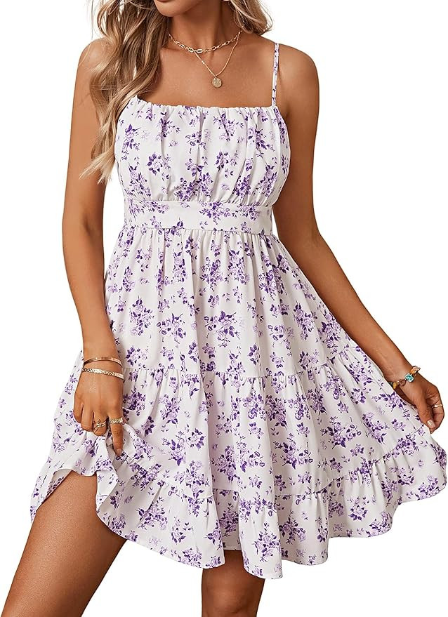 Verdusa Women's Floral Print Ruched Sleeveless Ruffle Hem A Line Swing Cami Dress | Amazon (US)