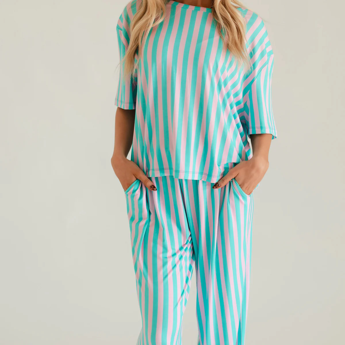 Women's T-Shirt and Pants Set in Cotton Candy Stripes | Silks Design