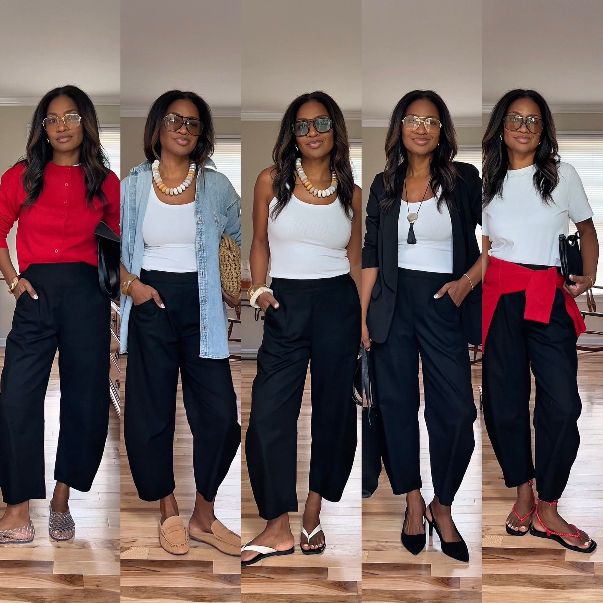 Wearing a size small in the pants (I am 5.5”). It says “Palazzo” in the description but ignore that. My link is to the correct pants. 
LWearing a small in red cardigan (linking similar ones). Linking similar blazers but I wear a small. Wearing a small in the white t shirt and denim shirt

#LTKootd #LTKgrwm #LTKOver40