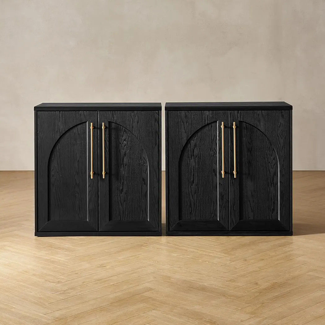 mopio Blake Storage Cabinet, Sideboard Buffet Cabinet with Storage, Small Modular Accent Display Cabinet, Kitchen Coffee Bar Pantry Cabinet, Media Console Credenza (Black Oak Arched, Set of 2) | Amazon (US)