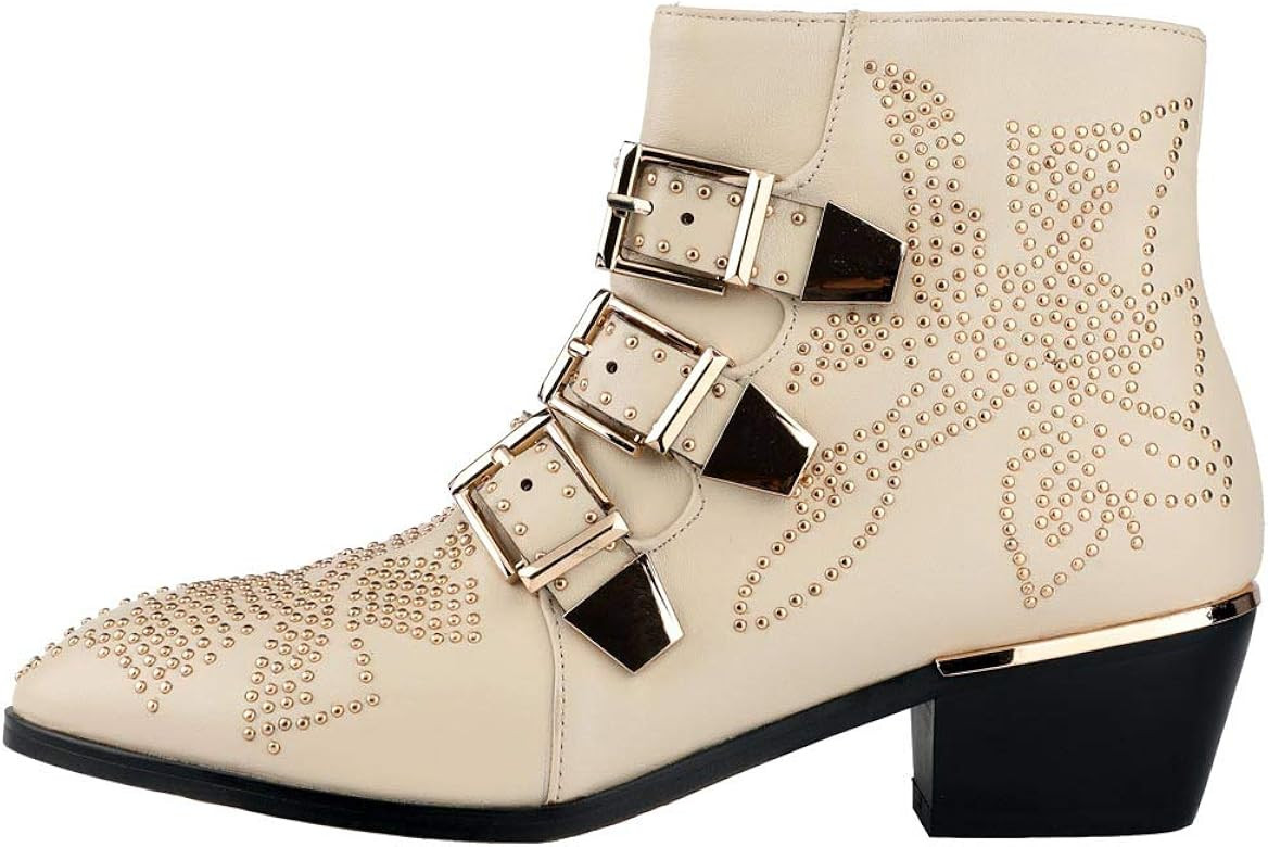 Arqa Women's Studded Ankle Boots Leather Multiple Buckle Chunky Heel Booties Almond Toe Zipper Pu... | Amazon (US)