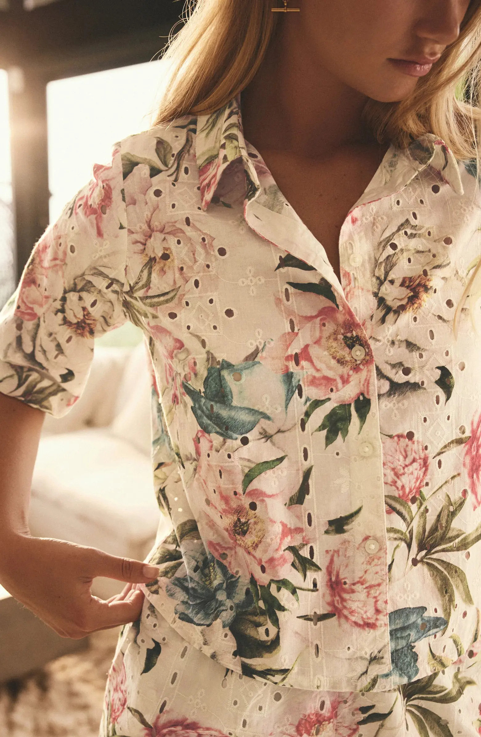 NEXT Floral Broderie Anglaise Short Sleeve Button-Up Shirt | Nordstrom | Nordstrom
